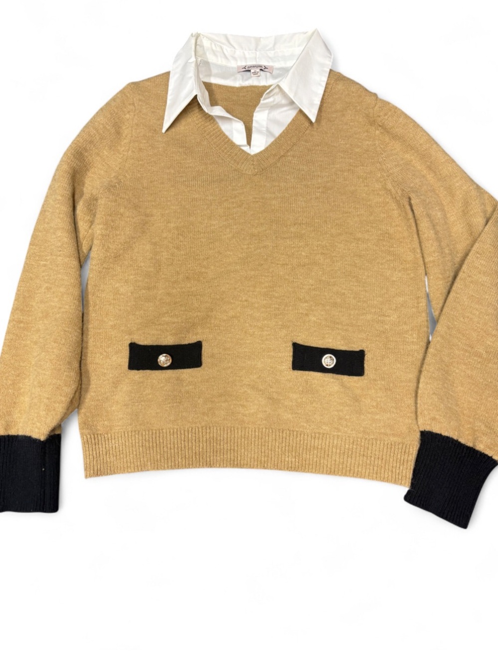 Nanette Lepore Camel V-Neck Sweater with Black Trim